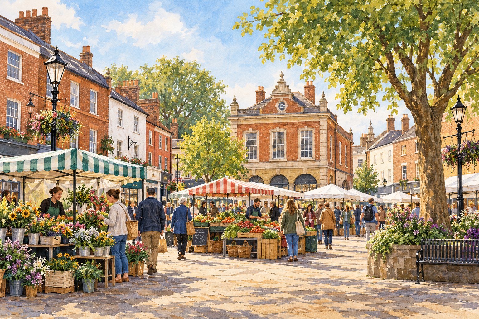 Representative watercolour illustration of a market square and local shops in Enfield