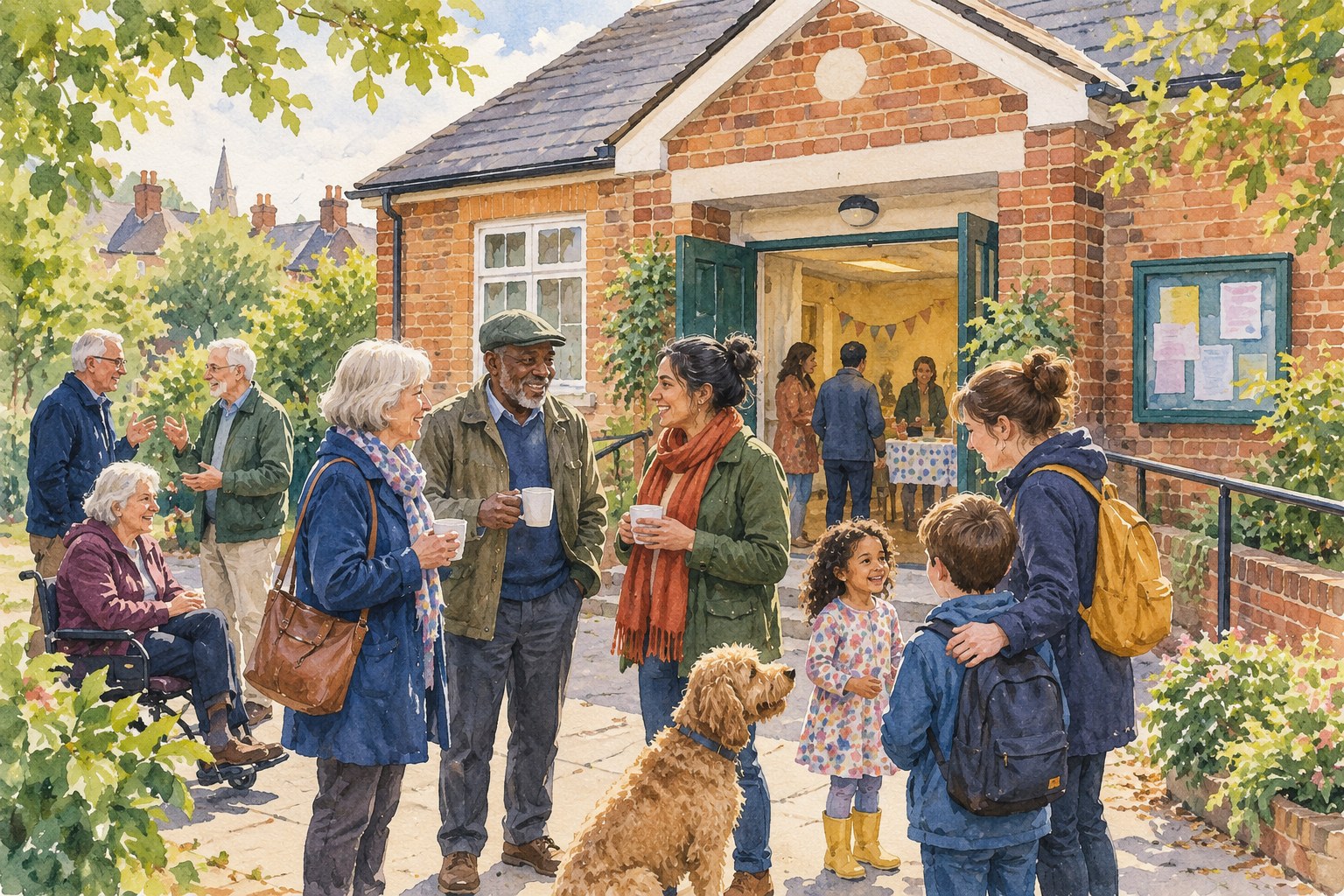 Representative watercolour illustration of neighbours outside an Enfield community venue